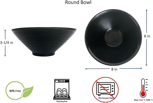 Miniatura 1 de Juego de cuencos redondos de melamina para ramen japonés Vietnam Pho fideos para sopa y arroz, negro, 5.5", 7", 8", 9", negro #LJB (6, 8 pulgadas