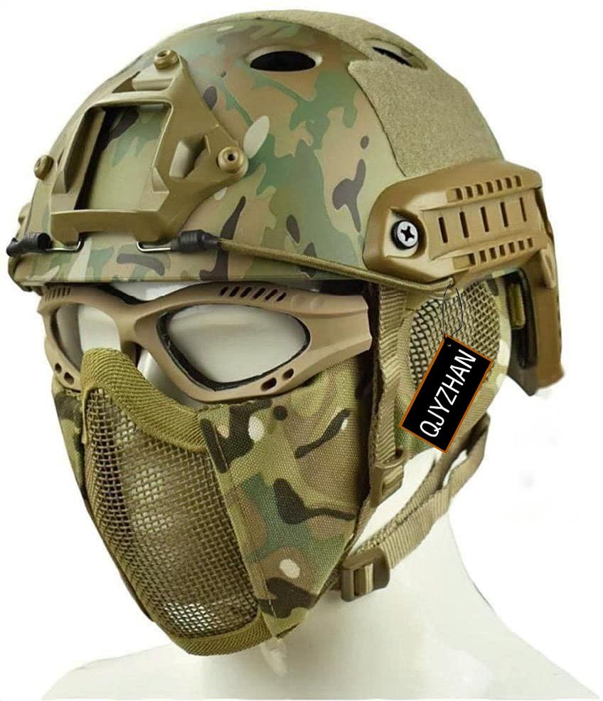 MH Tactical Airsoft Fast Helmet Combinedwith Foldable Ear Protection Half Face Mesh Mask and Goggles for Airsoft Paintball, Role-Playing, and CS Game Set