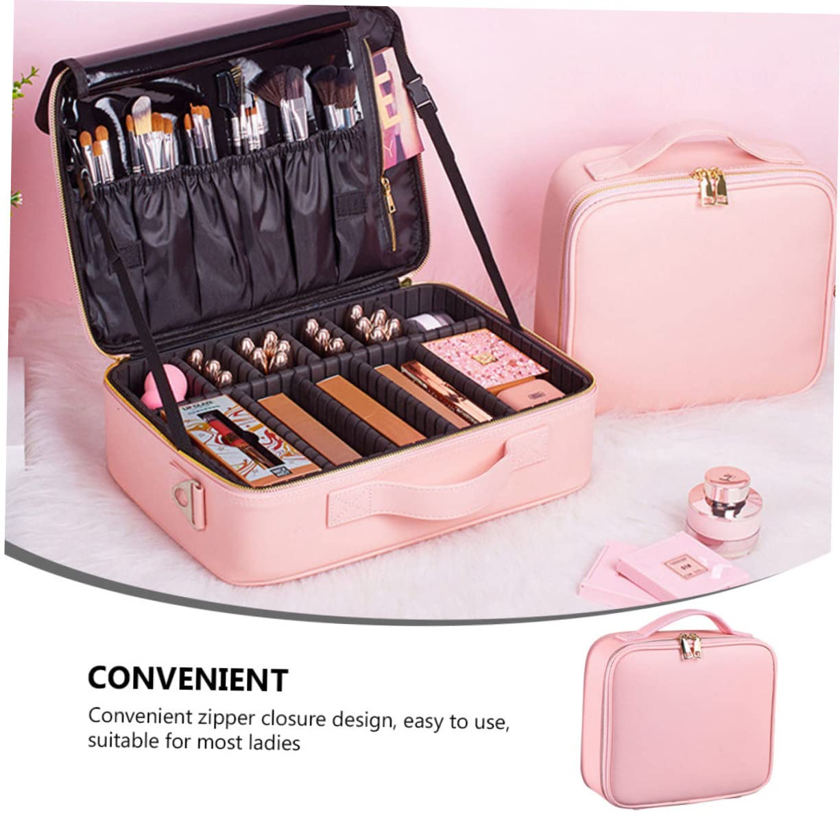 Neceser para Maquillaje Grande de Piel Sintética Rosa con Divisor Ajustable