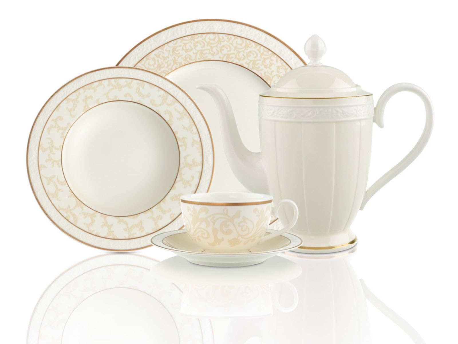 Villeroy & Boch Ivoire Filiżanki do kawy/herbaty 120 ml, zestaw 6 sztuk, naczynia do kawy/herbaty z ciepłymi nutami w kolorze złotym i kości słoniowej, nadają się do mycia w zmywarce, porcelana