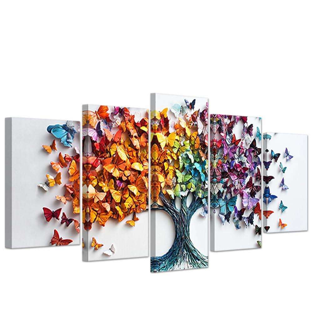 CCWACPP Schmetterlingsbaum-Leinwandbild, 5-teilig, Baum-Bilder für das Wohnzimmer, farbenfroher Schmetterlingsdruck, fantasievolles Poster, Wanddekoration, gerahmt (30x40cmx2 30x60cmx2 30x80cmx1)