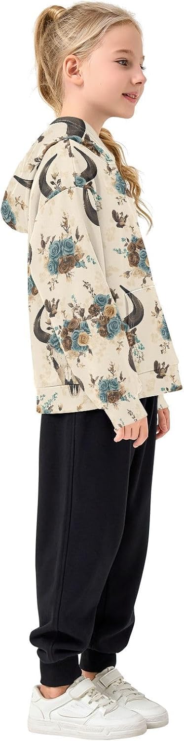 Cow Skull Flower Boho Toddler Girls Pullover Hoodie Sweatshirt 4-14Y 202c0102