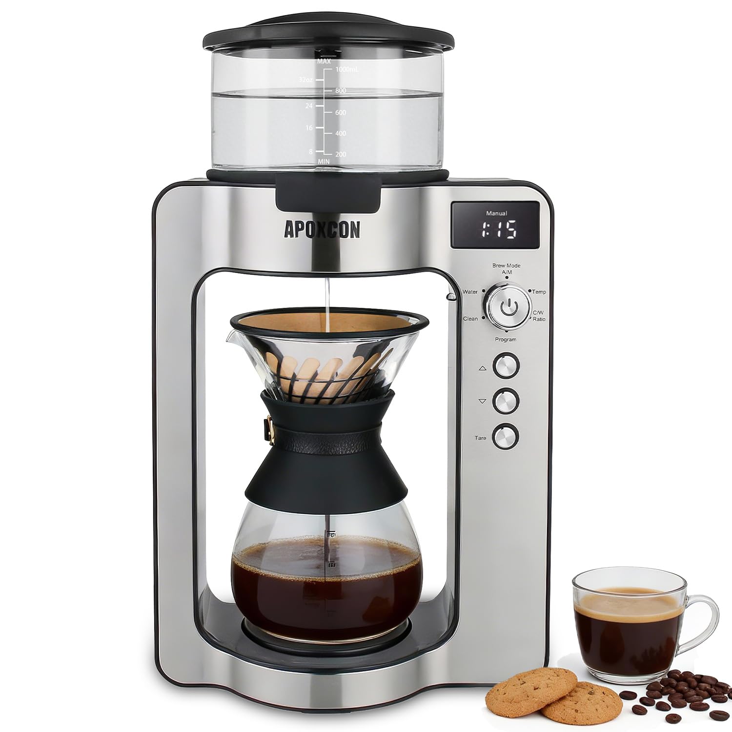 APOXCON Automatic Drip Coffee Maker for Coffee Enthusiasts -Pour Over Coffee Brewer with Programmable Timer, Hand Drip Simulation, Adjustable Strength, Built-in Scale, Glass Water Tank & Carafe