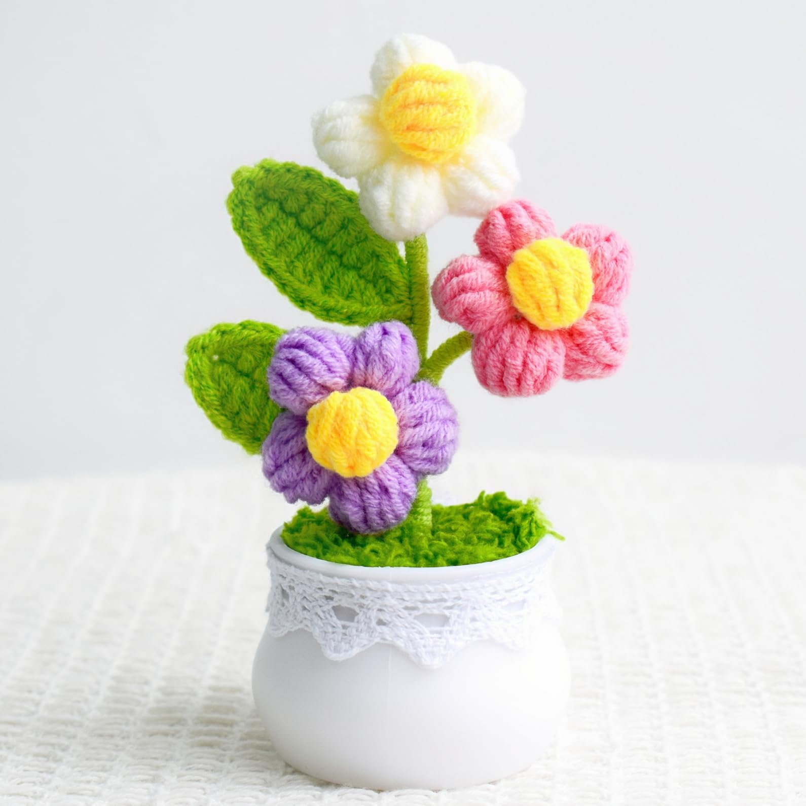 MAIQUNE Crochet Flowers Potted Plants,Handmade Knitted Flower Pot,Knitting Flowers Potted Ornament for Wife,Women,Girlfriend, Car Dashboard,Table,Home