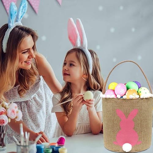 Miniatura 4 de Paquete de 3 cestas de conejo de Pascua, bolsas de conejo de caza de huevos de Pascua, cestas pequeñas con cola esponjosa, lona de algodón, bolsa de