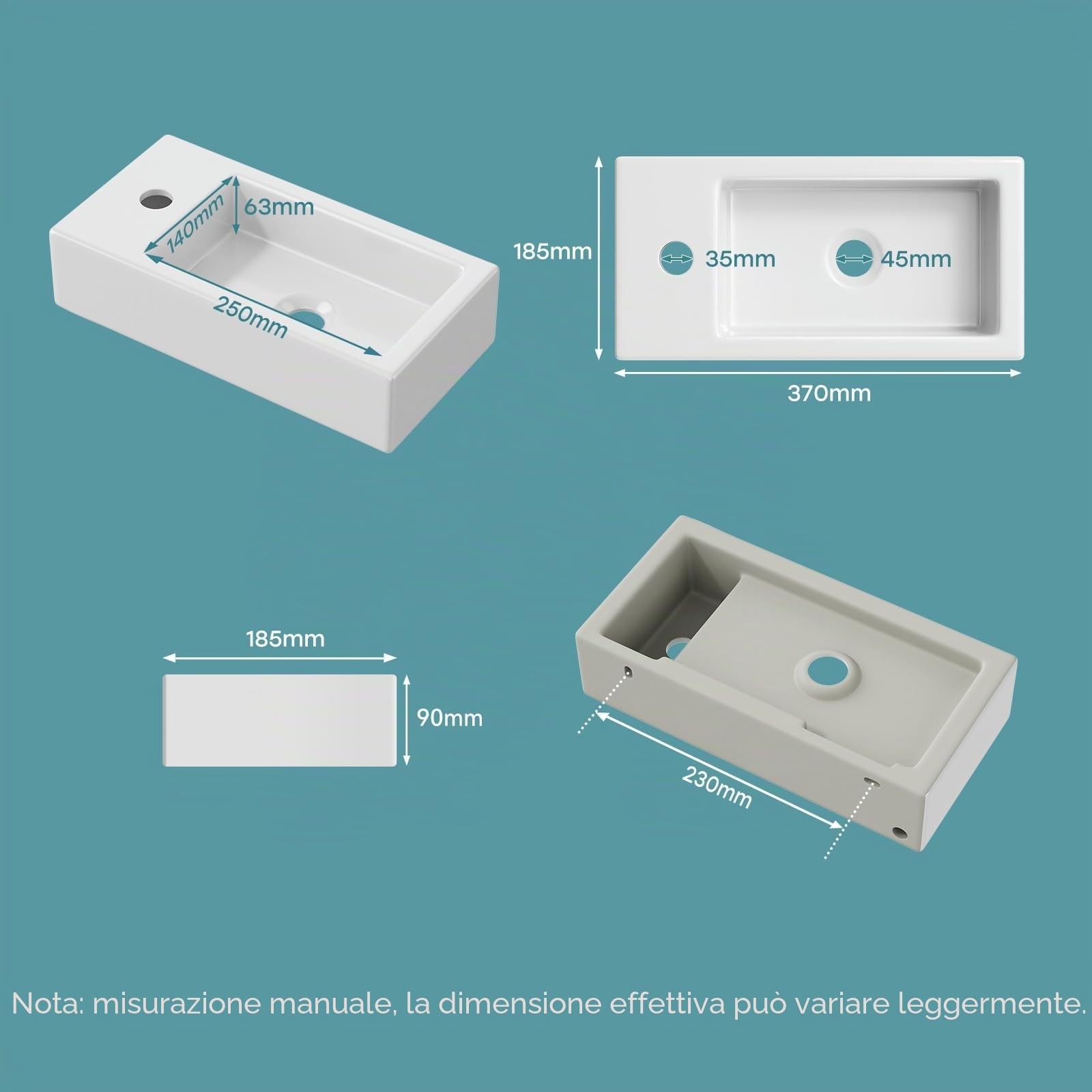 Lavabo piccolo, lavabo per ospiti, bagno, mini lavabo in ceramica, foro per rubinetto sinistro, bianco, 37 x 18,5 x 9 cm