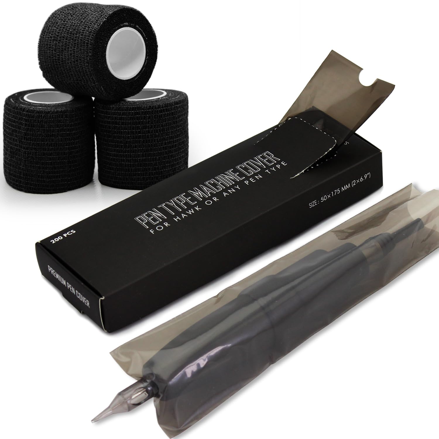 Tattoo Pen Covers with Grip Tapes Black,Denergy 200pcs(2×6.9 inch) Tattoo Pen Machine Bags with 3Rolls Self Adhesive Bandage Wrap for Wireless Tattoo Pen Machine(Standard Sleeves+3Rolls)