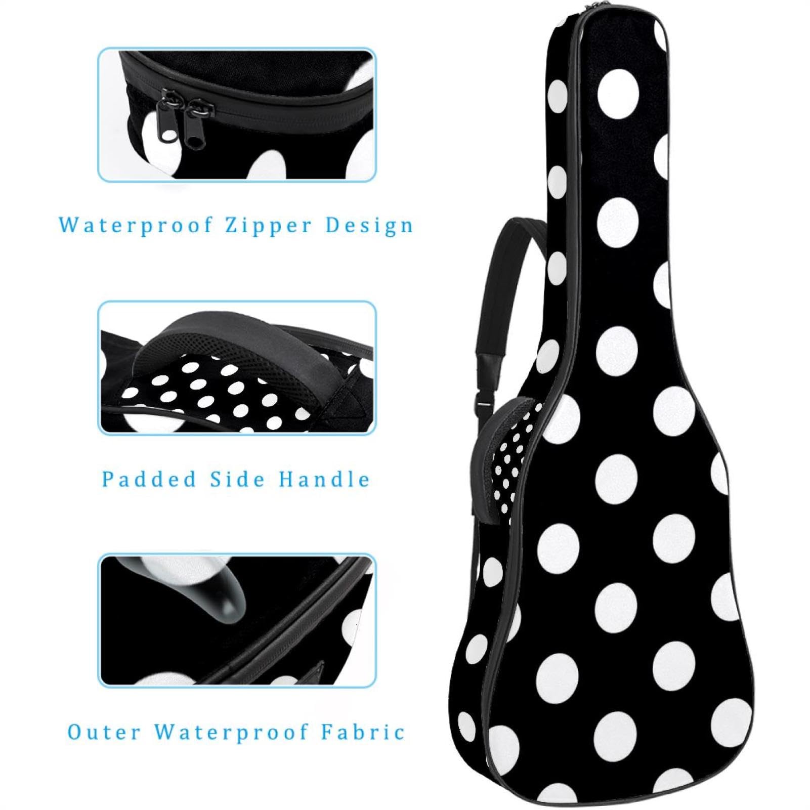Housse pour guitare acoustique avec 2 poches et bandoulière réglable et crochet arrière, convient pour guitares électriques, basses et guitares classiques Noir/blanc, Noir à pois blancs.,