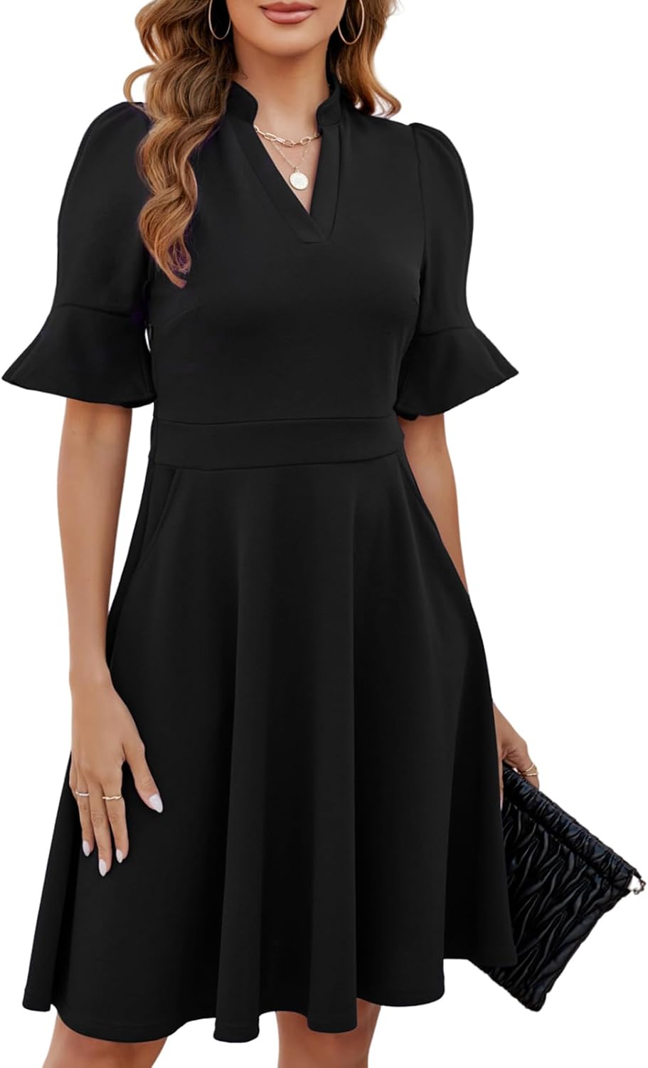 Mokayee Womens Summer V Neck Ruffle Short Sleeve Fit and Flare Knee Length Church Wedding Guest Dresses with Pockets - Image 4