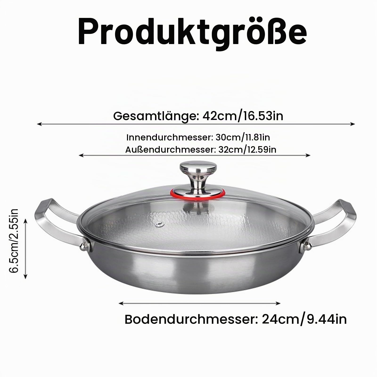 Titan Bratpfanne Ø 32 cm, Pfanne Unbeschichtet mit Deckel, Kratzfeste bratpfanne, Pfanne zwei Griffen, Gehämmerte Titan-Bratpfannes, Premium bratpfanne für Induktion, ohne Beschichtung