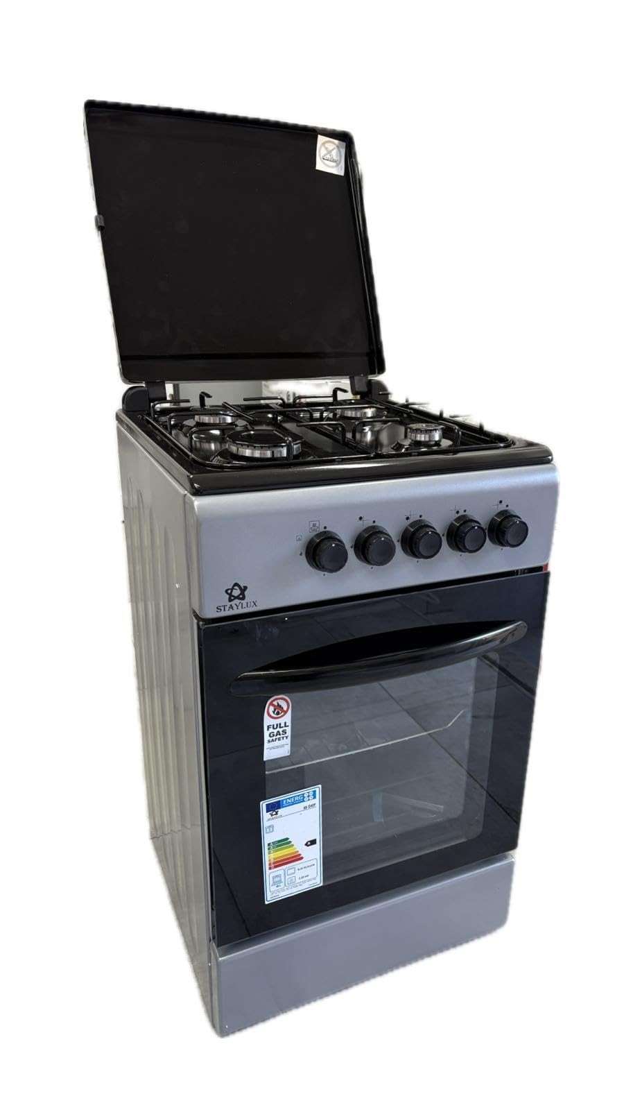 Cucina A Gas 4 Fuochi Con Forno A Gas 50 x 50 cm Colore Grigio e Nero Con Coperchio