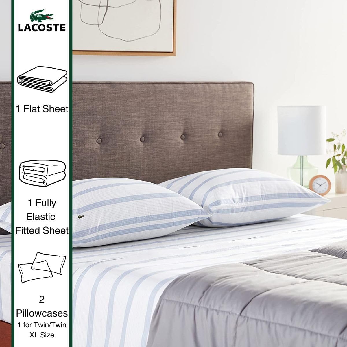 Lacoste 3-Piece Cotton Sheet Set, Archive, Zen Blue, Twin