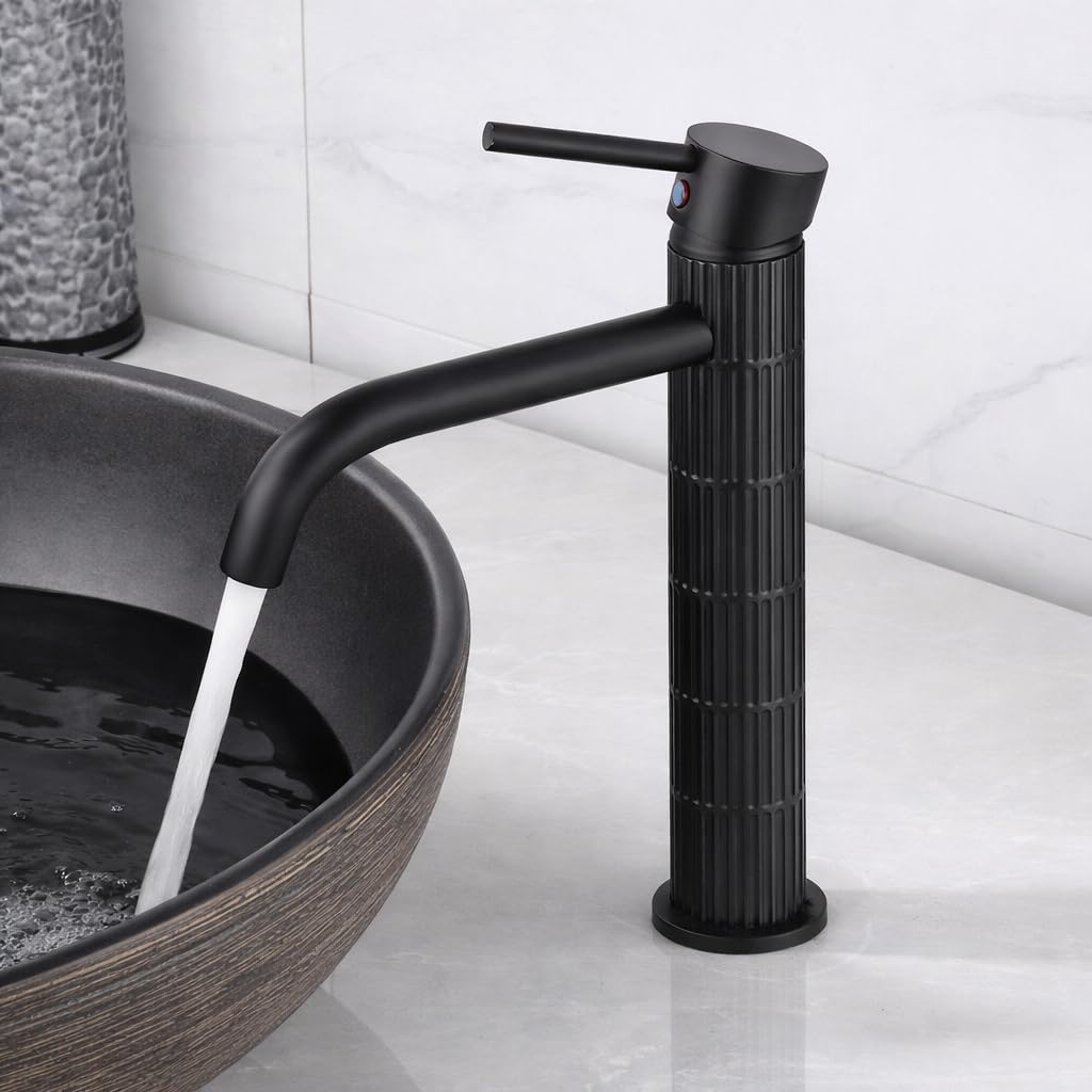 Grifo de lavabo alto monomando con cuerpo de latón, mezclador para lavabo sobre encimera, acabado negro mate, cartucho cerámico duradero (Negro mate, Alto) — view 7