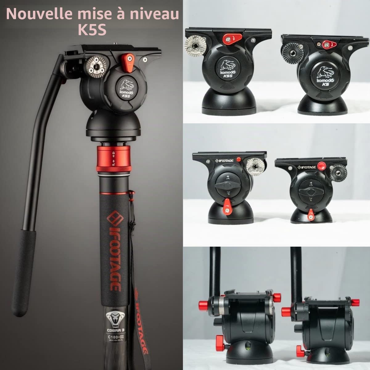 IFOOTAGE Cobra 3 C180F-P+K5S Monopode d'Appareil Photo, Monopode Vidéo, Tête Fluide Vidéo, Tête Panoramique Fluide en Aluminium pour Appareils Photo Reflex et Caméscopes