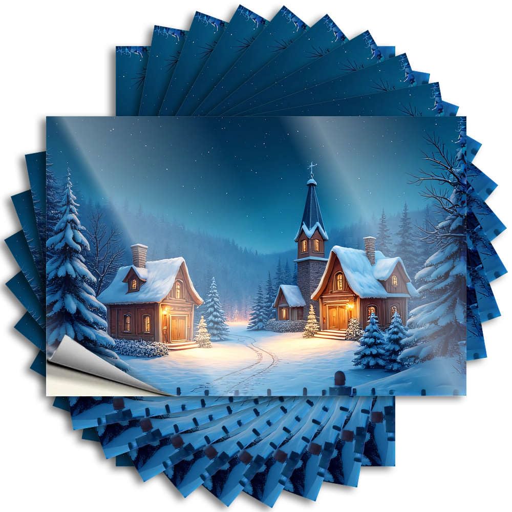 Cocoa Lettering Sticker Laptop | Snowy Village with Cozy Houses and Church Under Starry Sky Spring Absorbing Sticker Pack(6X9CM)