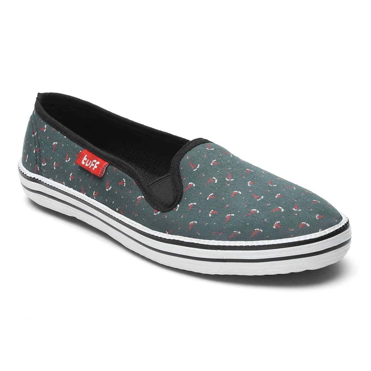 Women's Canvas Slip-On Sneakers, Grayish-Green with Red Pattern Print, Casual Fashion Walking Shoes with Rubber Sole-image-45