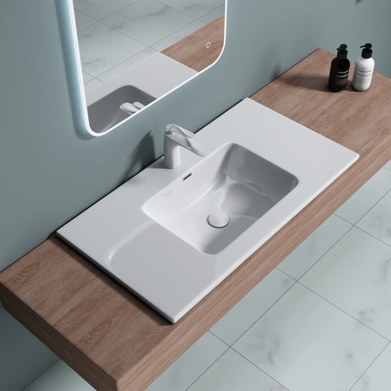 Durovin Bathrooms Luxurious Stone Resin Bathroom Basin - Self Rimming Drop in Sink - Semi Recessed - One Tap Hole with Overflow (900 x 480mm)