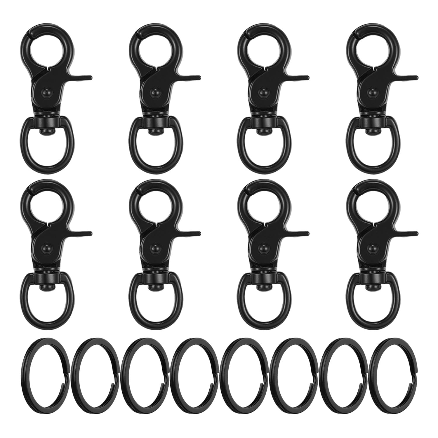 8 Pieces Black Spring Clamp Clasp, 8 Pieces Flat Ring, Rotatable Carabiner, Metal Lobster Clasp, Key Ring Carabiner, Keychain