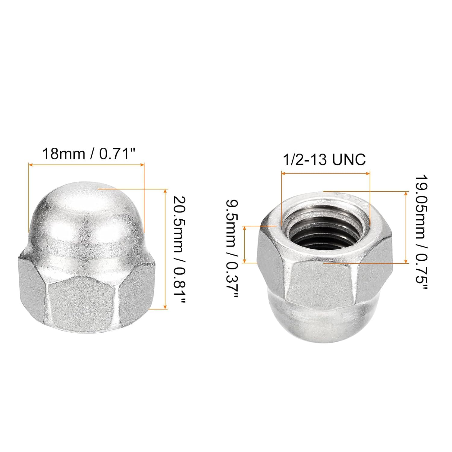 1/2-13 Acorn Cap Nuts,10Pcs 304 Stainless Steel Hardware Nuts, Acorn Hex Cap Dome Head Nuts for Fasteners (Silver)