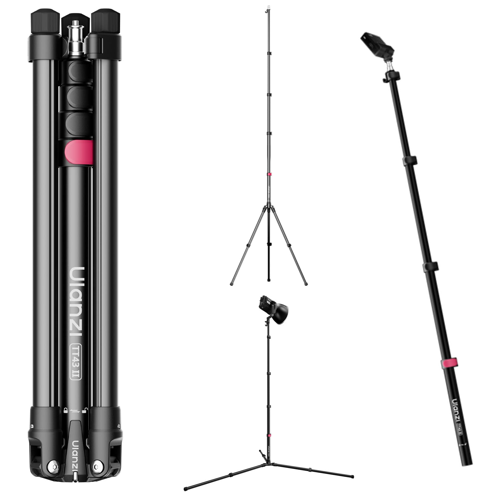 ULANZI TT43 II Statyw Oświetleniowy, 210cm Lekki Odwracany Statyw Fotograficzny z Głowicą Szybkomocującą i Regulacją Pochylenia, Udźwig 4kg, Odczepiany Środkowy Słupek jako Wysięgnik