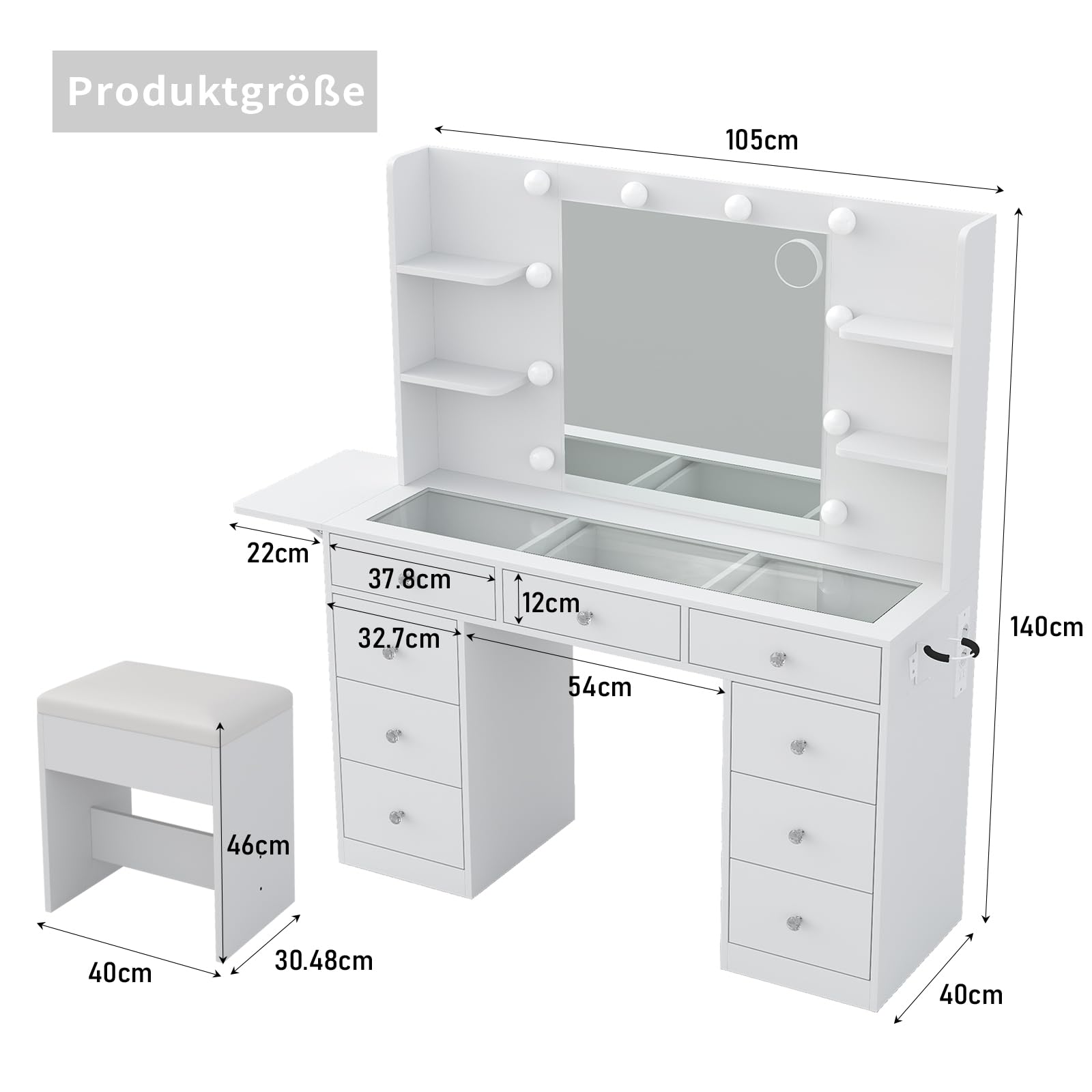 FUSOU Schminktisch Spiegel und LED Beleuchtung, Kosmetiktisch mit 9 Schubladen, 4 offenen Ablagen, Frisiertisch mit Steckdosen, Schminktisch für das Schlafzimmer, Weiß