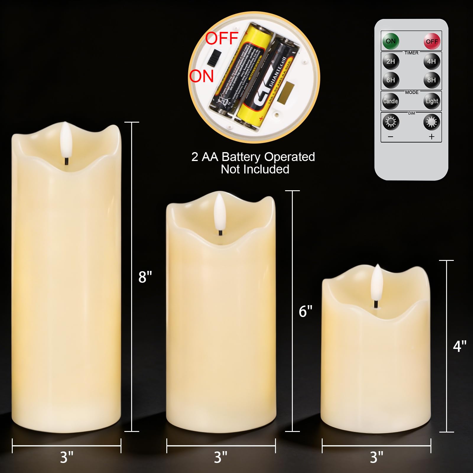 Eldnacele Candele cilindriche a pilastro senza fiamma a batteria, con telecomando a 10 tasti e timer, confezione da 3 candele a LED in vera cera, con stoppino tremolante, luce calda tremolante