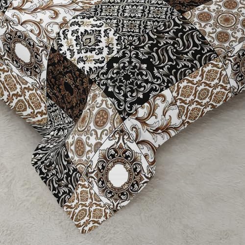 Image of AILONEN Brown Black Patchwork Comforter Set Full Size, Vintage Geometric Boho Bedding with 2 Pillowcases, Soft Microfiber