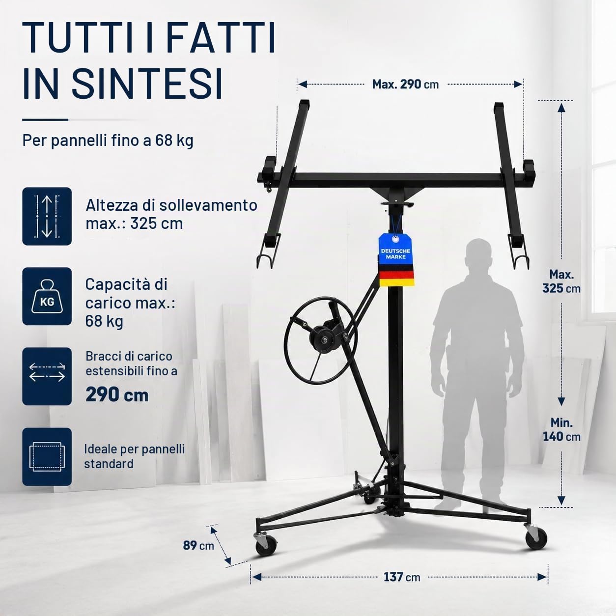 Werkthor Alzalastre per Cartongesso XXL fino a 68 kg – Altezza 140-350 cm – Alza Lastre di Cartongesso con 3 Ruote e Freno – Alza Pannelli Cartongesso Professionale (Nero)
