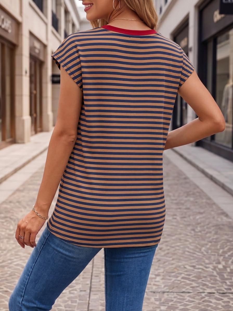 Chicrise T Shirt Damen Sommer Flügelärmel Gestreiftes Top Ärmellose Rundhals Farbblock Oberteil Lässige Leicht - 2