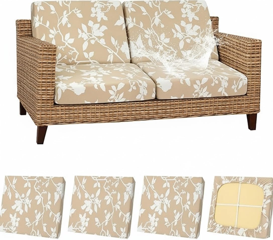 4Pcs Stretch Patio Cushion Covers, Printed Waterproof Patio Sofa Cushion Covers with Buckle Design, Washable Outdoor Couch Chair Cushion Covers Floral Replacement Furniture Cover
