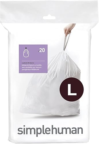 simplehuman Código L - Bolsas de basura con cordón de ajuste adaptable en paquetes dispensadores, 18 litros4.7 galones, color blanco, 20 unidades