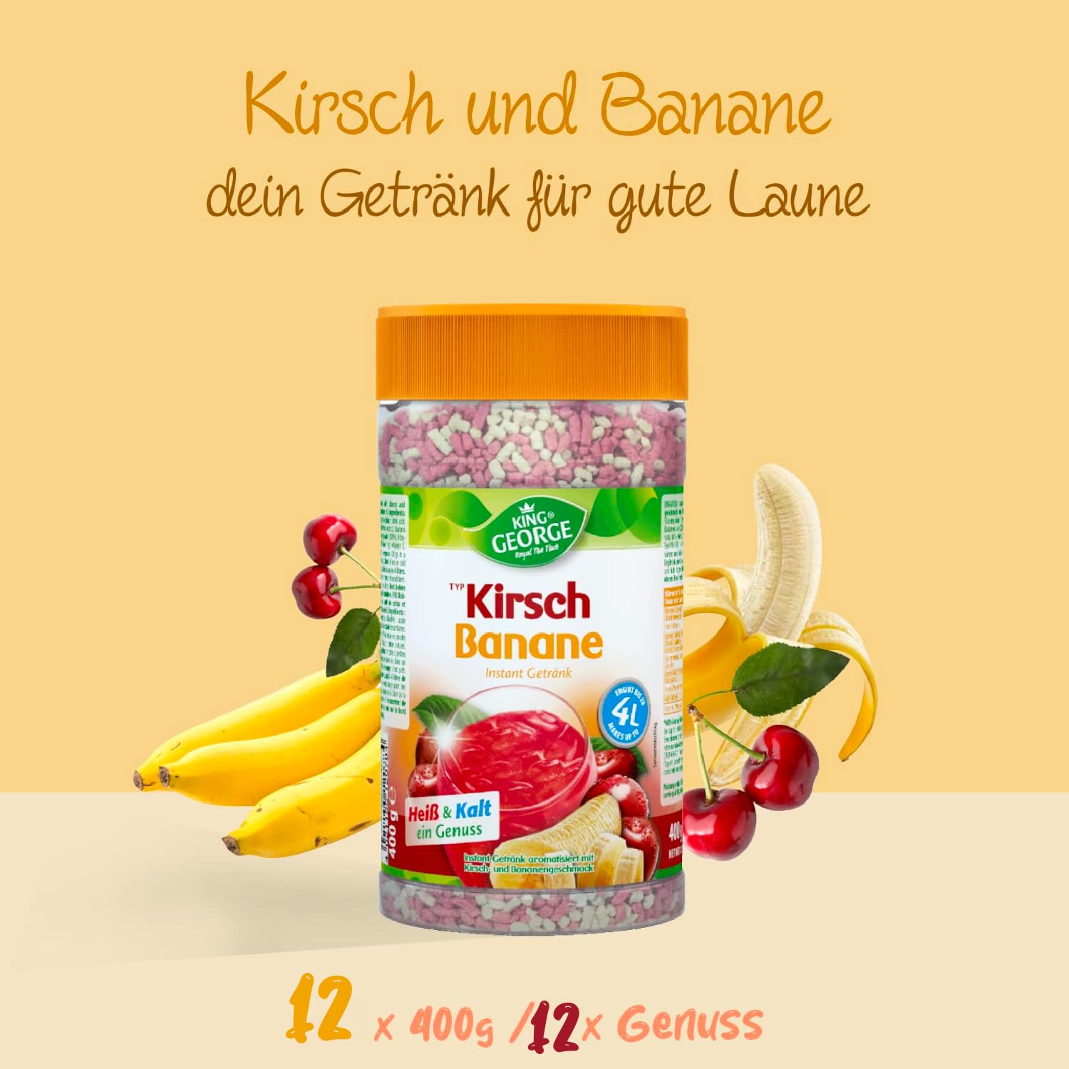 KING GEORGE - Chersch Banan 12 x 400 g – Instant Mrożona herbata napój mieszany z witaminą C – letnia przyjemność – opakowanie korzystne – napoje w proszku, napój orzeźwiający dla rodziny, pracowników
