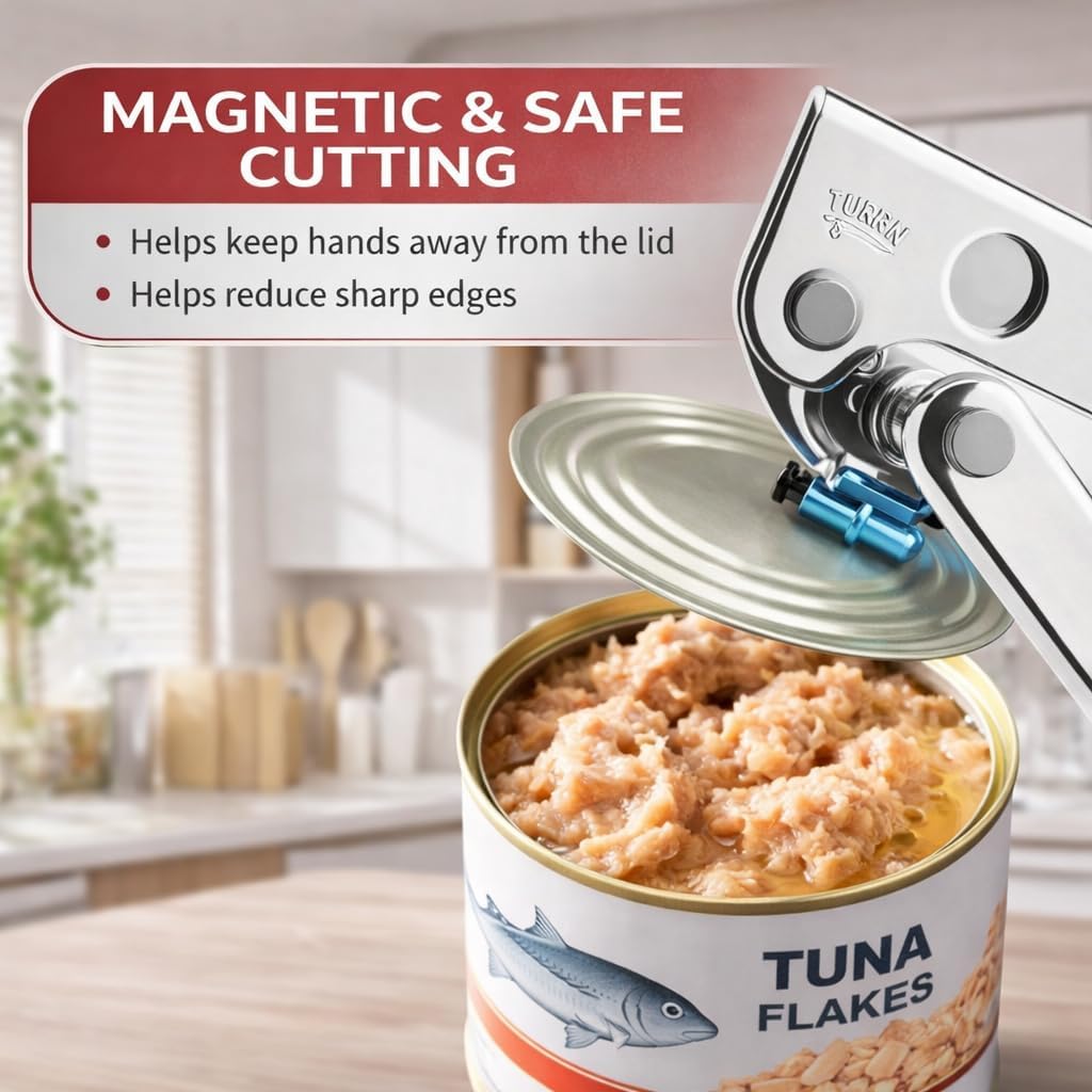 Heavy Duty Manual Can Opener with Magnet & Bottle Opener, Stainless Steel Sharp Blade, Easy Turn Knob, Ergonomic Non-Slip Handle, Multifunction Kitchen Tool for All Can Sizes