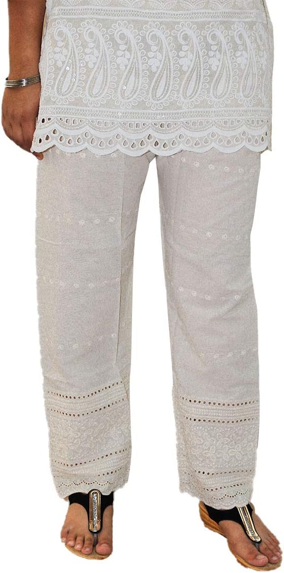 Sahej Suits Women's Cotton Chikan Work Plazo (Off White. Free Size)