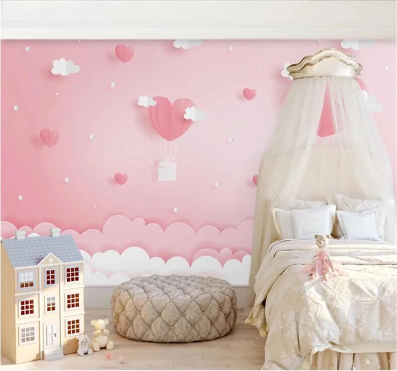 Tzxztt Ethereal Dreamy Pink Clouds Hot Air Balloons Modern 3D Wallpaper Premium Textured Silk Neutral Tones Material Ideal for Living Room Bedroom-350cm×256cm