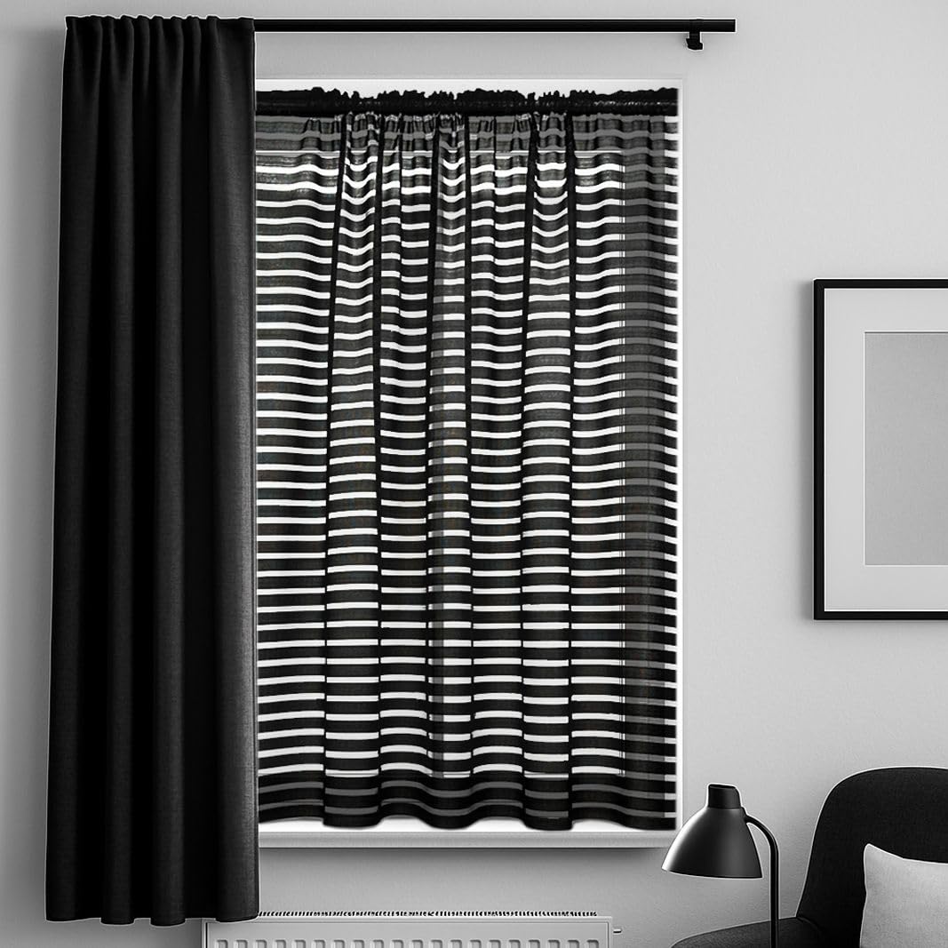John Aird - Paris Horizontal Stripe Deisgn Black Net Curtain - Select Your Size (10.5 Metres Width, Drop: 72" (183cm))