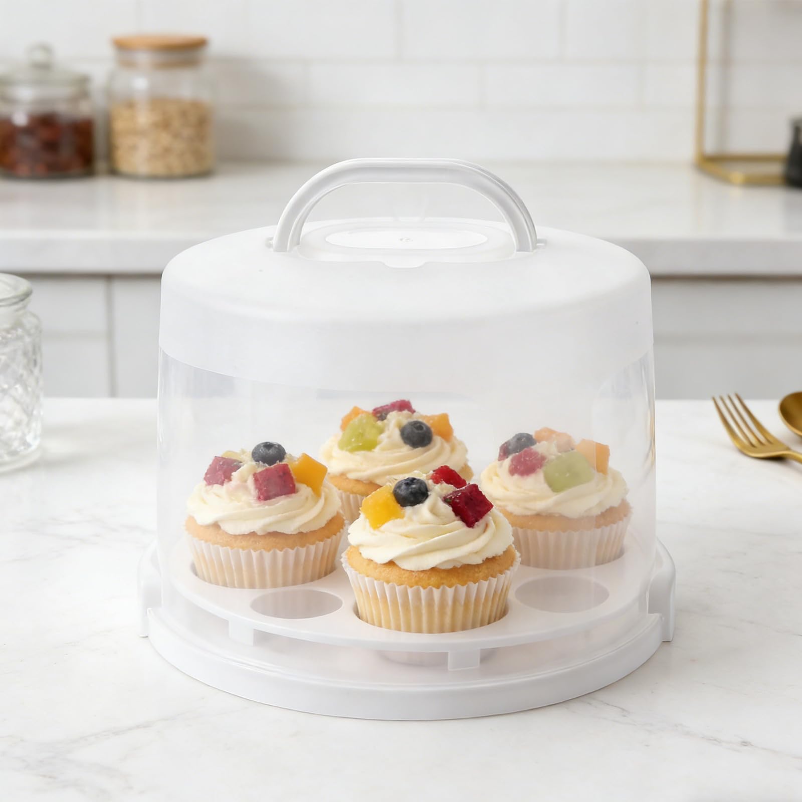 Operitacx Caja para Cupcakes Portátil de Blanco con Tapa y Asa, Recipiente Seguro y Reutilizable para Pasteles de 25 Cm Adecuado para Picnic y Reuniones