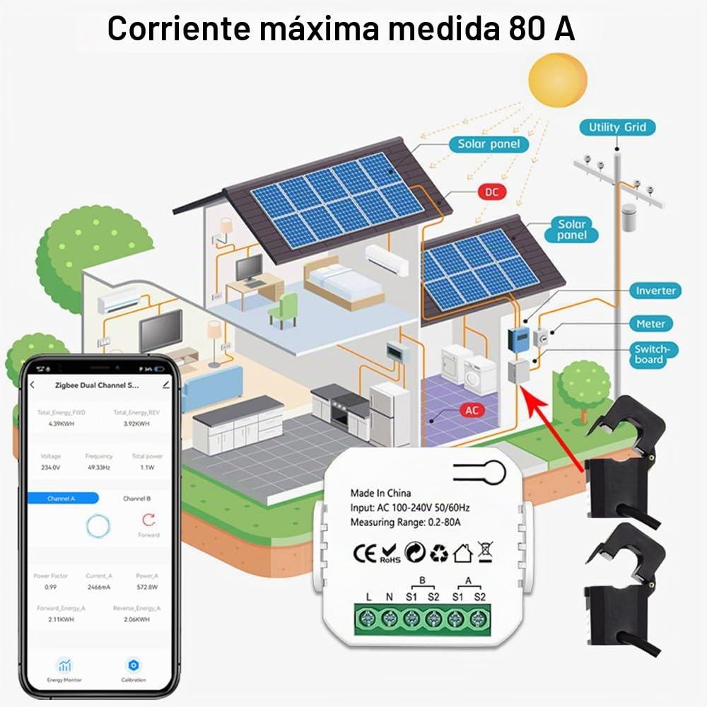 Weytoll Medidor de energía inteligente Wifi, control bidireccional del consumo de energía del sistema fotovoltaico solar Control de aplicaciones móviles