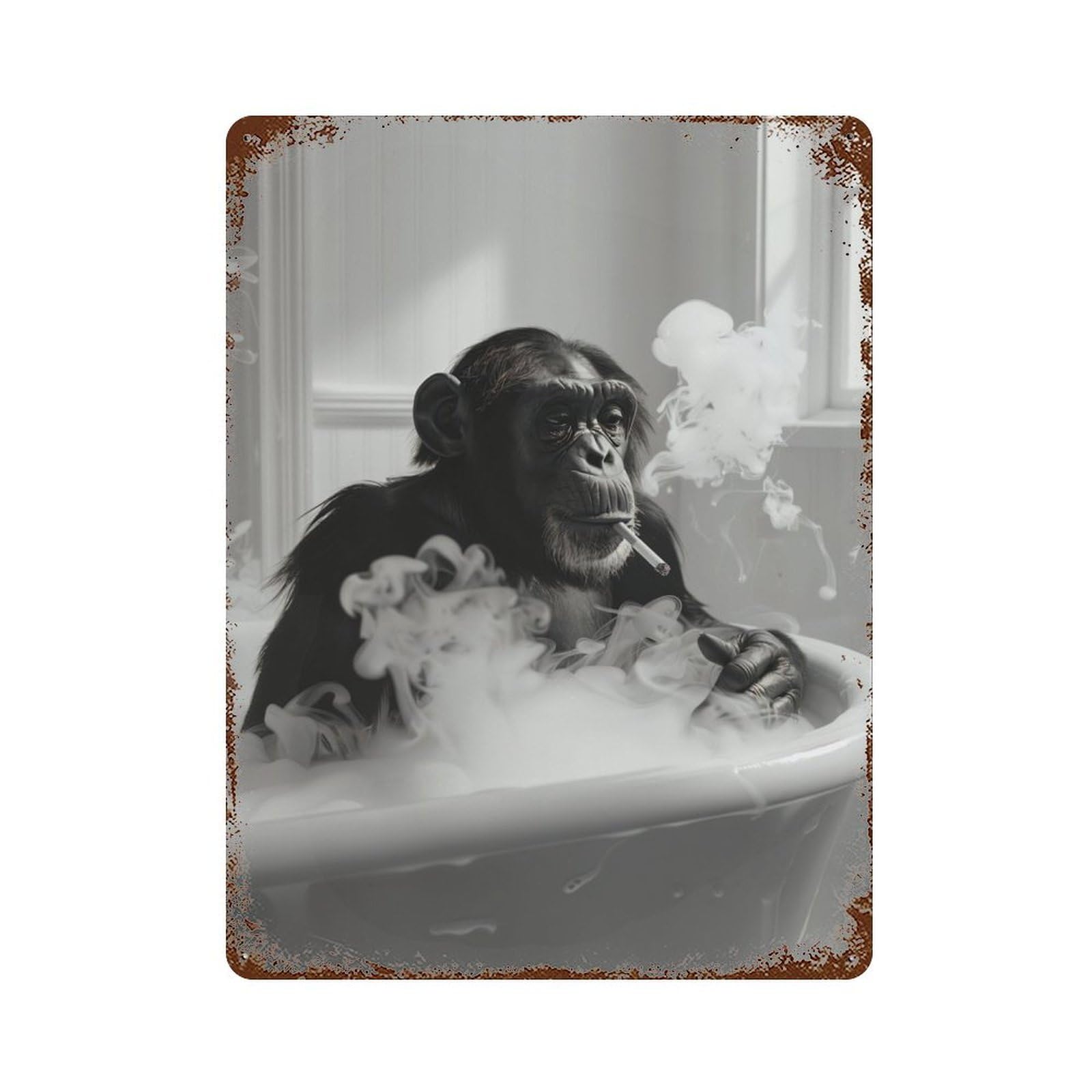 Retro Metal Sign Chimpanzee Smoking in Bathtub 15.7"x11.8", Retro Wall Decor for Living Room, Hallway And Home Decor