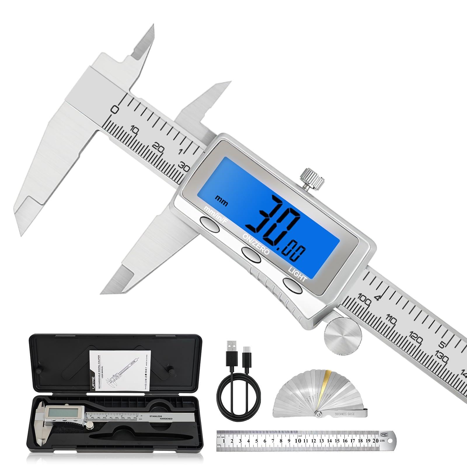Photo 1 of Digital Caliper 6 Inch, Rechargeable Calipers with Backlight LCD Screen, Stainless Steel Caliper Measuring Tool, Auto-Off Micrometer, Inch/MM/Fraction Conversion for 3D-Printing/DIY/Household