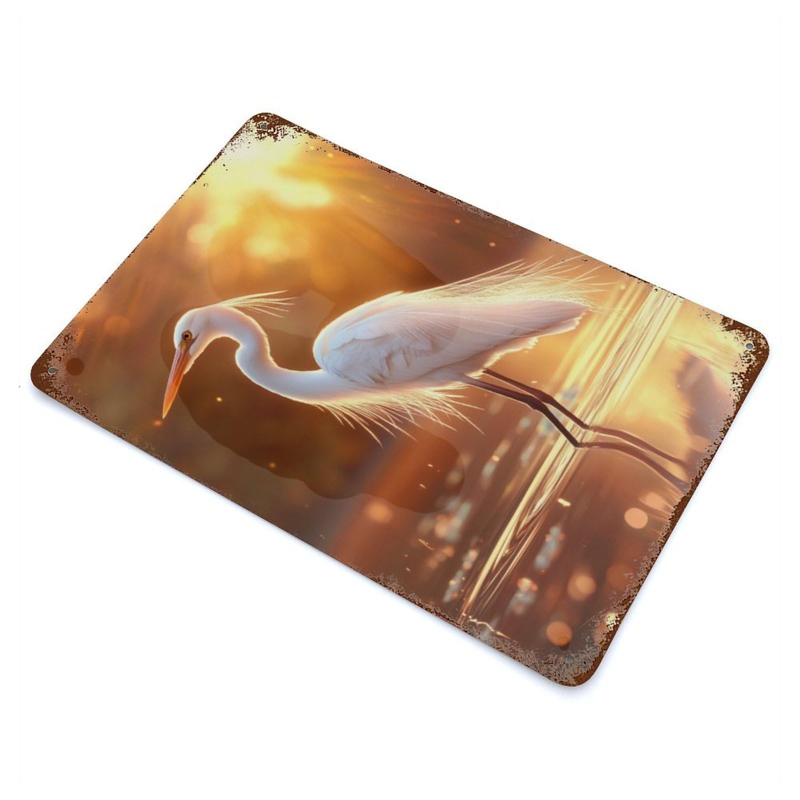 White Heron at Sunset Rusty Metal Tin Sign 11.8"x7.9", for Shed, Workshop And Garage Wall Decor, Shabby Chic Decor