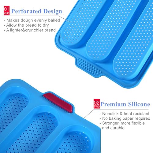 Miniatura 3 de Molde antiadherente de silicona para baguette, pan francés para hornear, 3 panes ondulados, cada pan, 11 x 2.3 pulgadas, molde para hornear,