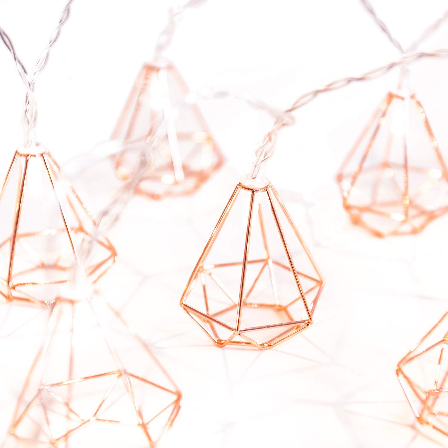 Kingcoo Diamond Vintage Lampshade Geometric Lights, 3.3M/10Ft 20Led Rose Gold Metal Lantern Polygonal Battery Operated Fairy String Lights For Home Bedroom Garden Wedding Party Decoration (Diamond)