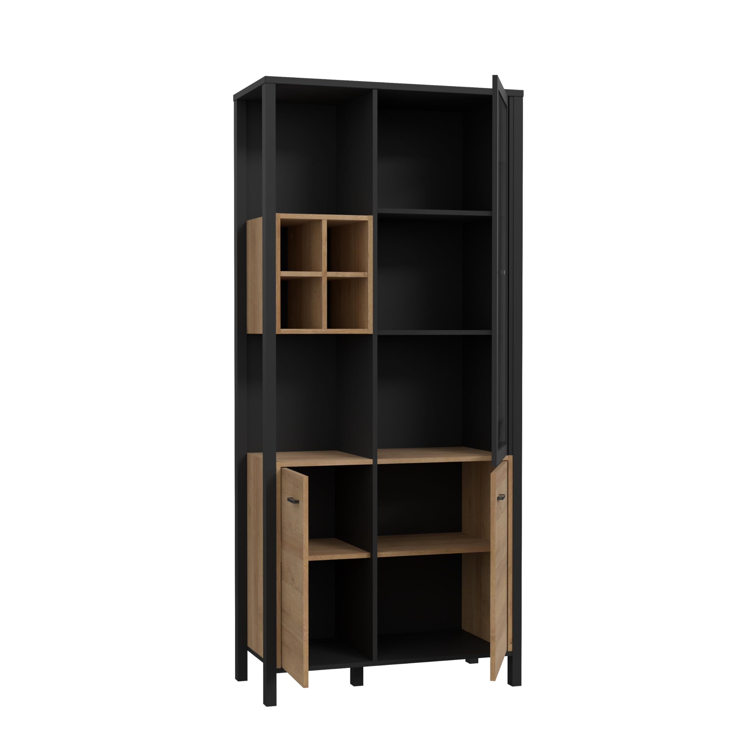 Forte HIGH Rock Vitrine 90, Vitrine mit 2 Türen und 1 Glastür, Standvitrine, Industrial Stil Vitrine, Holzwerkstoff, Riviera Eiche Holzdekor/Schwarz, 86,3 cm breit x 193,9 cm hoch x 40,2 cm tief