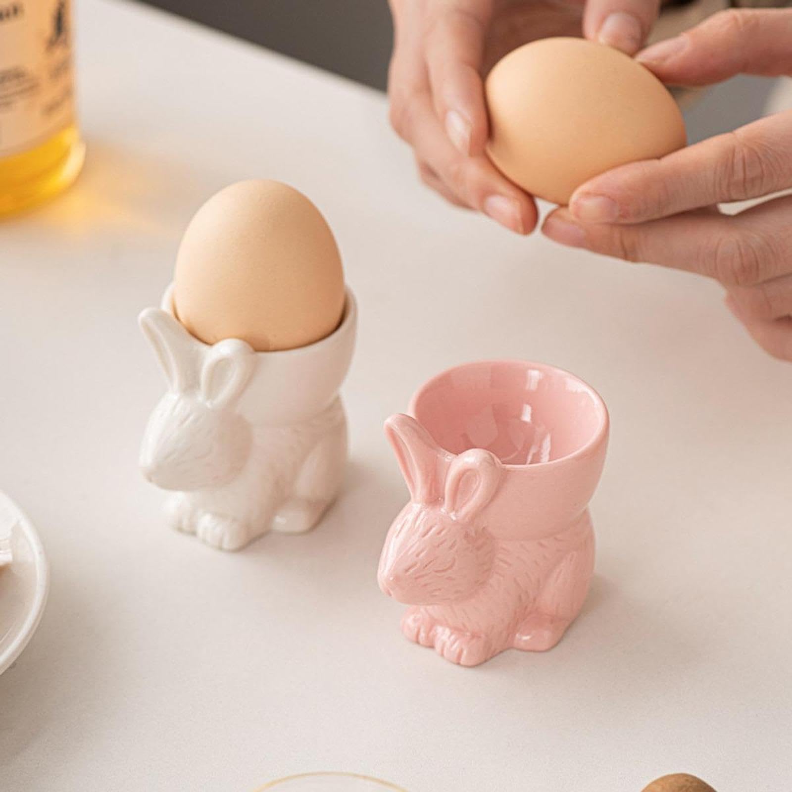 Gralara Huevera Decorativa de Cerámica con Forma de Conejo Sostenedor de Huevo Portahuevos Práctico para Mantener Huevos Durante La Comida, 5 Piezas