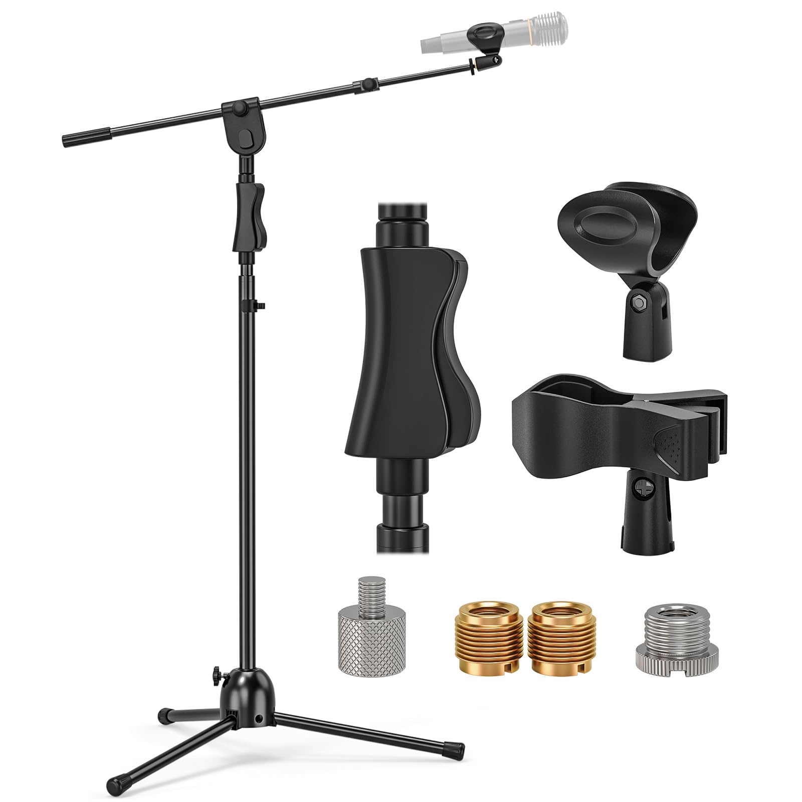 Soporte de Micrófono de Suelo con Trípode y Brazo, Clips y Adaptadores, Ajustable y Resistente para Actuaciones, Canto, Discursos, Bodas, Escenario y Exterior | Soporte de micrófono de suelo, ajuste de altura con un solo toque, para cantar, discurso, boda