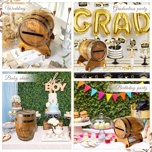 Image of OurWarm Wooden Wedding Card Box for Reception, Whiskey Barrel Gift Card Box for Party, Money Envelope Boxes with Slot & Holder for Graduation Bridal Shower Birthday Wedding Decor