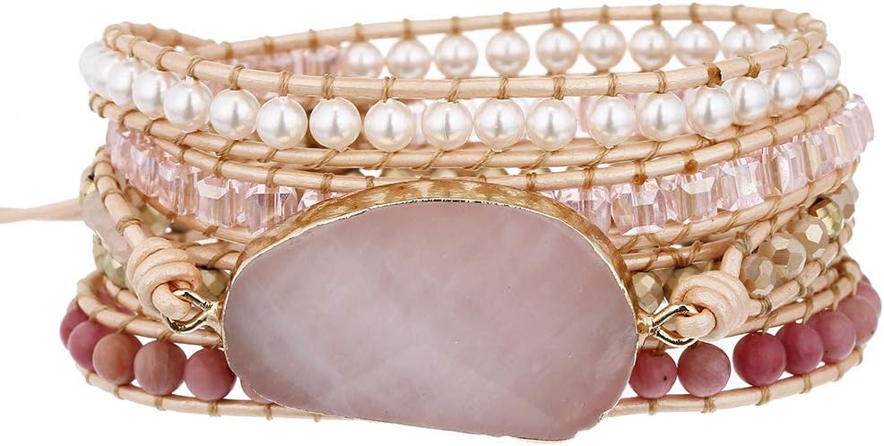 Women Boho Handmade Natural Stone Crystal Leather Bead Wrap Bracelets Collection