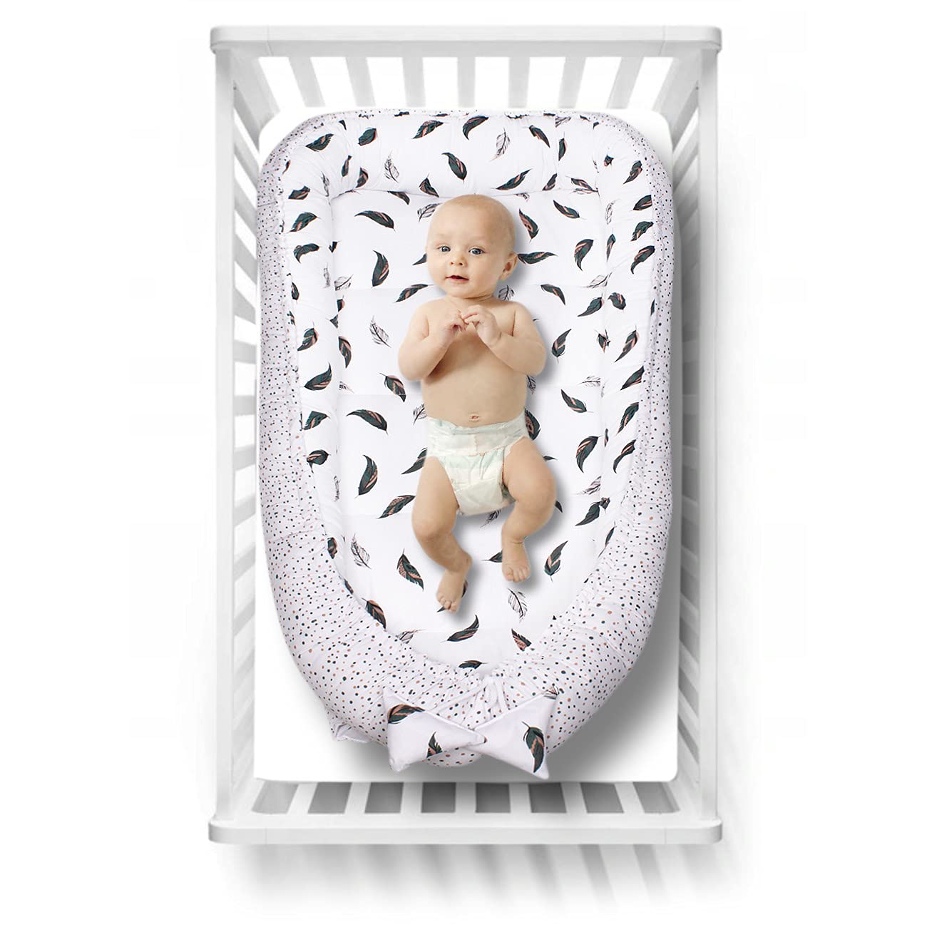 PaLulli 120 x 60 cm nido para bebé, tamaño XXL, capullo para bebé, 2 caras, 100% algodón, almohada, nido de peluche, cuna de viaje para bebés y bebés (plumas)