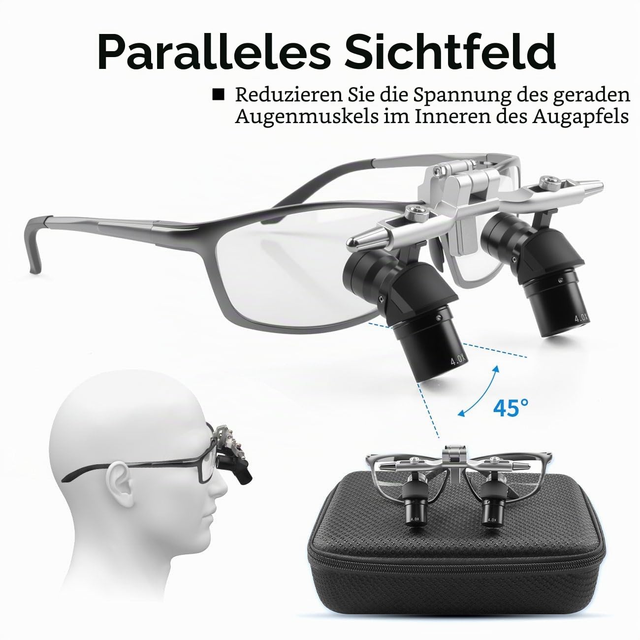 BONEW Orale hohe Vergrößerung, 4X/5X/6X, ultraleicht, ergonomisch, chirurgische Fernglaslupe, 45° Ergo-Lupe, chirurgische Lupe, Arbeitsabstand 350–450 mm, gebogene Linse, verstellbar (4,0-fach)